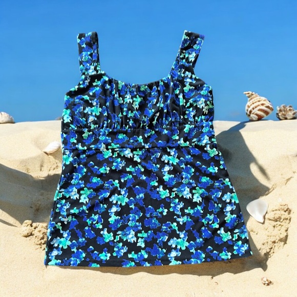 Ann Taylor Black/Royal Blue/Blue/Mint Green/White Splotchy Floral Print Tank Top - Picture 4 of 14